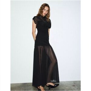 Zara COMBINATION DRAPED MIDI Black DRESS Sz XS NWT